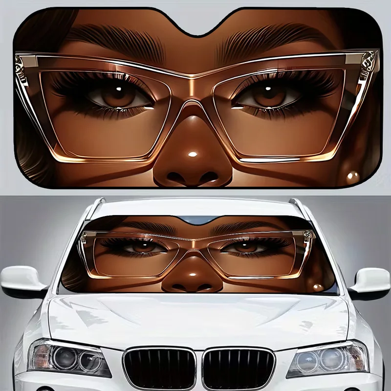 1Pcs Funny Black Woman Face With Glasses Car Windshield Sun Shade, Vibrant Design, Fit Car Accessories