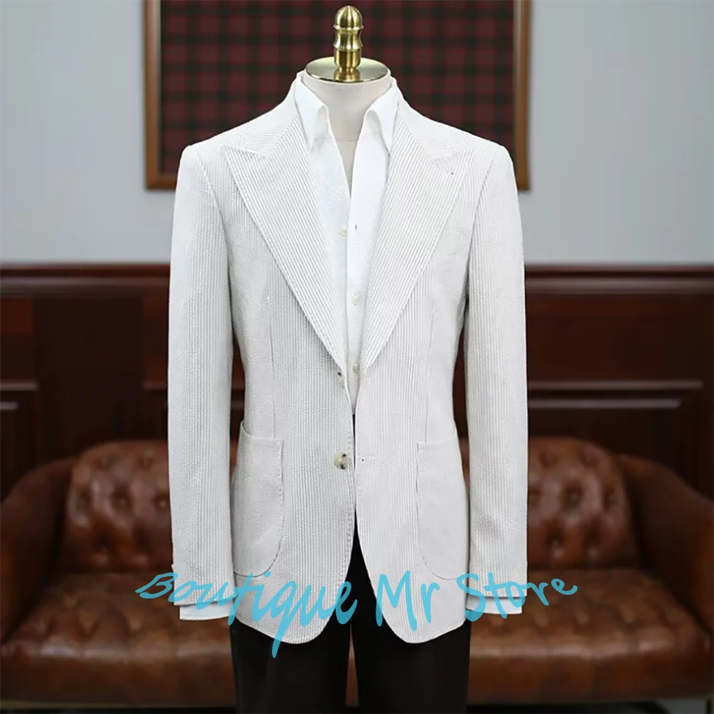 

White Blistered Striped Single-Breasted Men's Suit Retro Formal 2 Pieces(Jacket+Pants) Set Slim-Fit Elegant Party Wedding Blazer