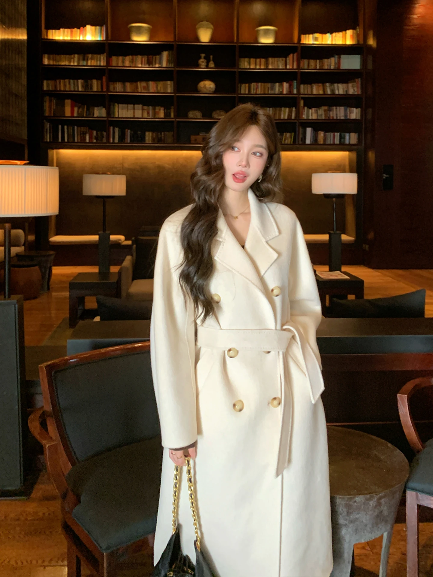 

Classic Double-Faced Woolen Suitcoat Daisy Women's Belted Coat Long Sleeve Warm Thickened Mid-Length Straight-Body Commute
