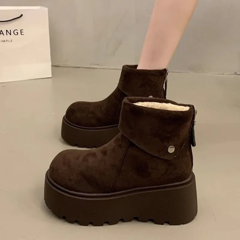 Damen-Plateau-Stiefeletten, Obermaterial aus Wildleder, klobige, rutschfeste Sohle, Reißverschluss hinten, runde Zehenpartie, Winter-Freizeit-Stiefeletten – Detail 1