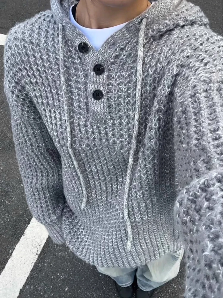 

Мужской плотный вязаный худи оверсайз с высоким воротом, осенний, свободный крой, для пар, повседневный, из полиэстера