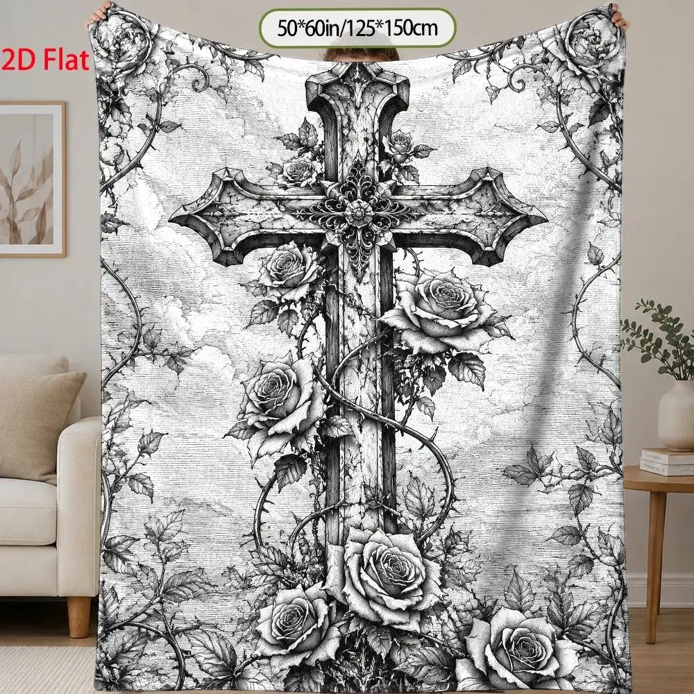 1pc 2D Flat DIY Coloring Throw Blanket, Gothic Cross & Thorn Rose Line Art, Oil Painting Style Christian Symbol Decor Blanket