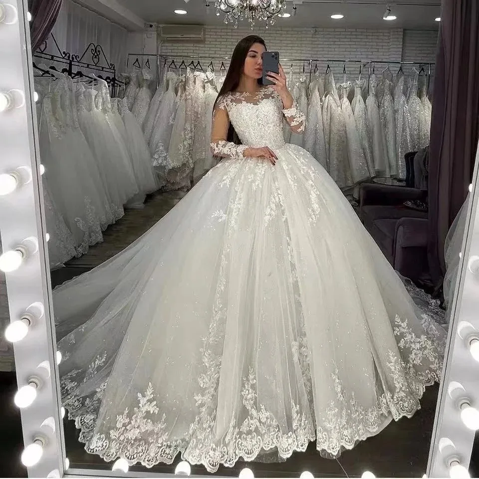 Ilusão personalizada mangas compridas vestidos de casamento 2025 princesa miçangas rendas apliques vestido de baile vestidos de noiva
