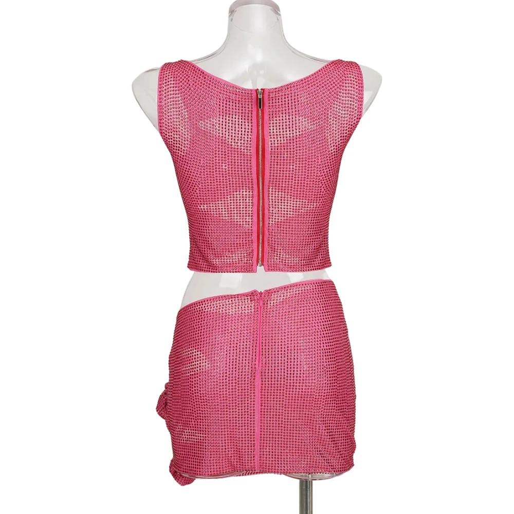 Fashionable Sexy Rhinestone Two Piece Skirt Set Luxury 3D Rose Cut Out Sheer Mesh Bodycon Party Club Night Mini Dress Gown