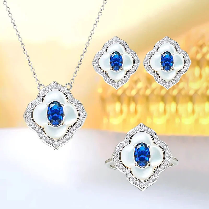 

Luxury Clover Blue Gemstone Jewelry Set For Women, 925 Silver Mother Of Pearl Necklace Earrings Ring, Party Birthday Gift