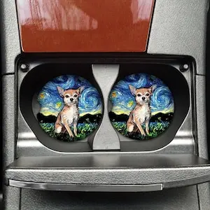 2pcs Single Sandstone Car Coaster - Tan Short Hair Chihuahua Starry Night Dog Pet Lover Gift Artwork Car Interior Cup Holder Pad