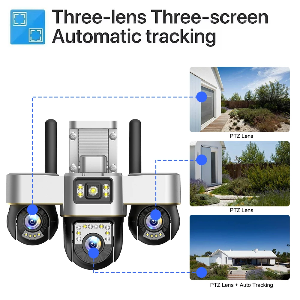 Câmera de vigilância externa 4g cartão sim câmeras sem fio detecção de movimento 3 lentes ptz cctv rastreamento automático 2 vias vigilância de vídeo