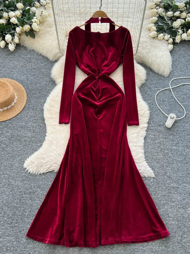 فستان مخملي أنيق بأكمام طويلة للنساء، فستان خريفي وشتوي نحيف بذيل السمكة، مزين بشكل كثيف، خصر مرتفع، أسلوب كوري للعمل
