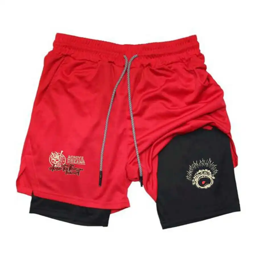 

Mens 2-In-1 Flame Skull Print Sports Shorts Quick Dry Breathable Gym Running Shorts