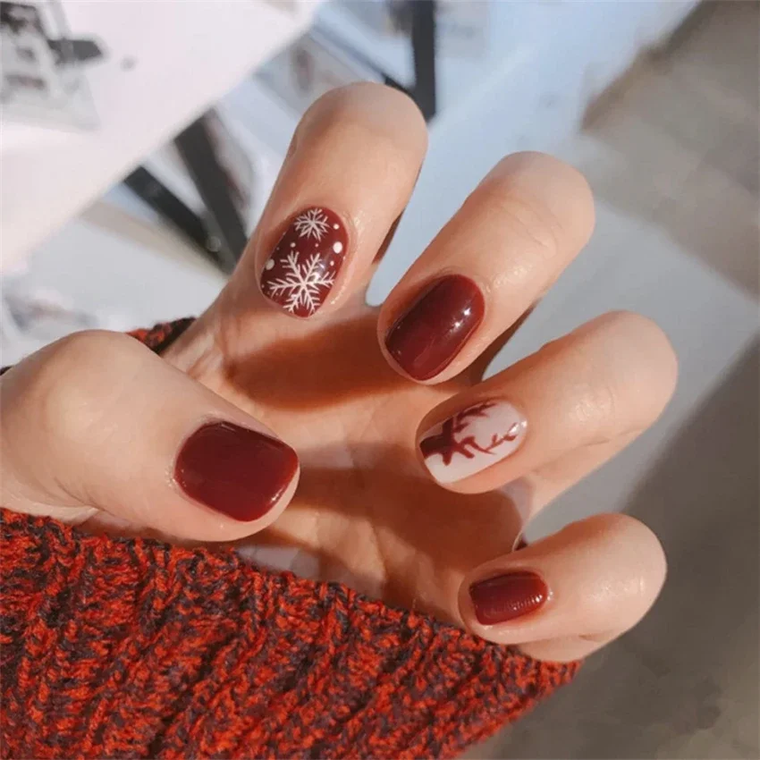 24 pçs/set outono inverno cor vermelha natal exclusivo unhas falsas curto cabeça redonda imprensa na arte do prego removível vestindo unhas falsas