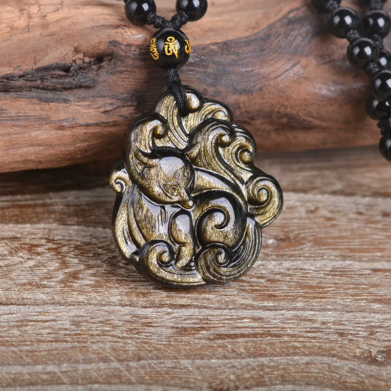 Natural Obsidian Nine-tailed Fox Necklace 3D Three-dimensional Little Meihu Women's Pendant Pendant Gift