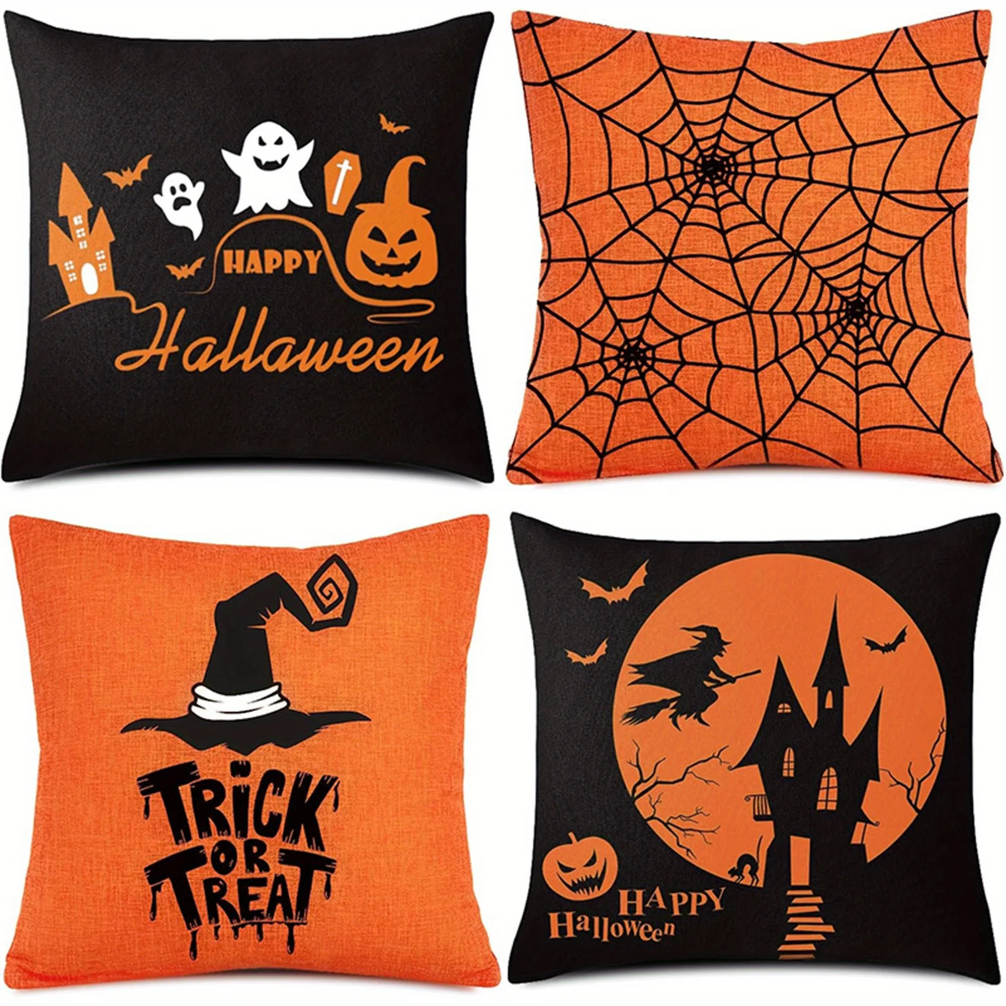 4-Pack Halloween Pillow Covers Spooky Ghosts, Spiders, Witch Designs Orange Black Halloween Decorations Soft Polyester