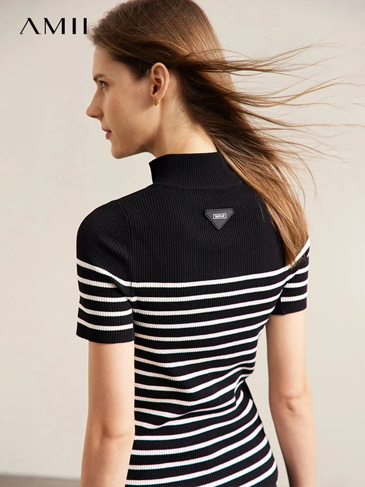 AMII minimalismo raya tejida ropa de mujer prendas de punto 2025 novedad de verano elegante cuello alto Oficina señora suéter femenino 72341020
