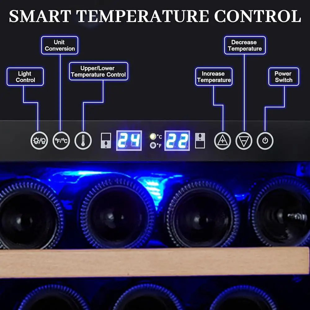 ثلاجة نبيذ صغيرة تحكم مزدوج في درجة الحرارة 28 زجاجة قائمة بذاتها مبرد نبيذ مدمج شاشة LED ضاغط موفر للطاقة