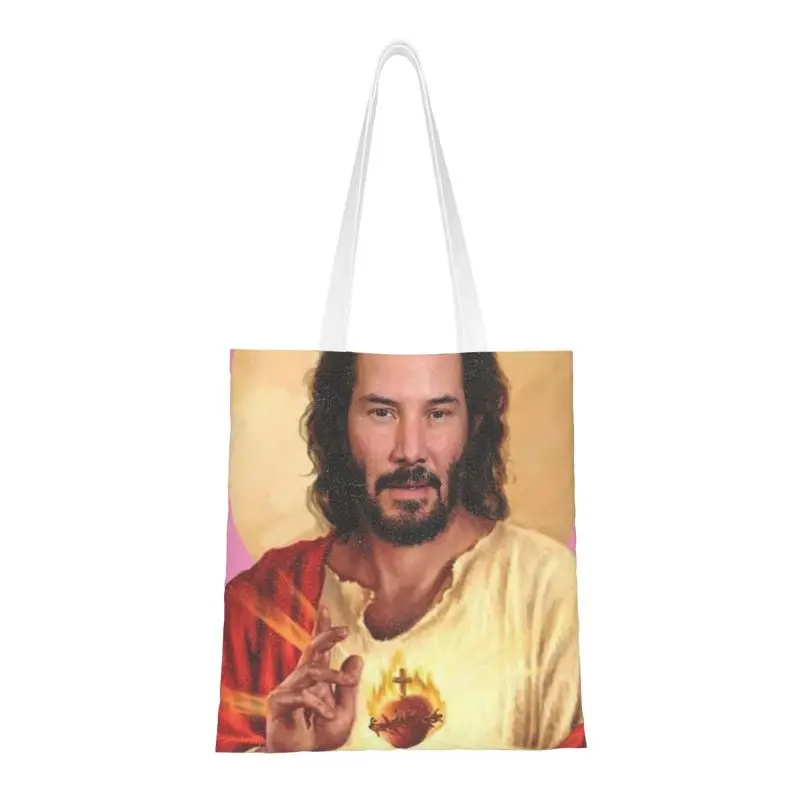 Saint Keanu Reeves Grocery Shopping Bags Cute Printing Canvas Shopper Shoulder Tote Bags Portable Meme Jesus John Wick Handbag