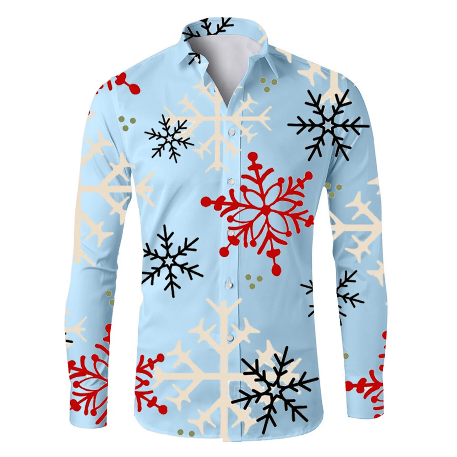 Kerst Sneeuwvlokprint Heren Overhemden Casual Single-Breasted Blouses Lange Mouwen Shirt Streetwear Revers Tops Trendy Heren Kleding