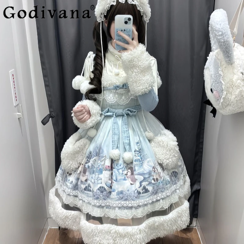 

Sweet Fluffy Lolita JSK Dress for Women Lolita Cute Winter Girl Princess Dress Female Japanese Style Dress with Headwear