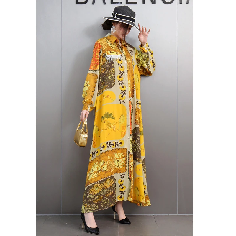 2025 Spring New Fashion Elegant Printed Loose Shirts Long Dress Women Long Sleeve Dress Female Wholesale J722