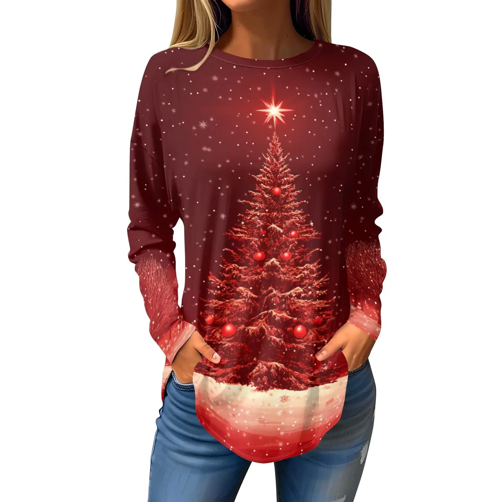 

Christmas Limited Edition Women's 3D Christmas Tree Red Print Round Neck Long Sleeve T-shirt Fashion Casual Long Sleeve Top
