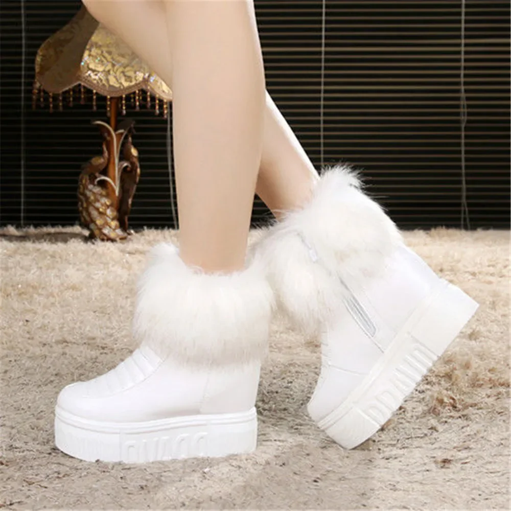 Winter Woman Warm Fur Sneakers Platform Snow Boots Female Causal Height Increasing Shoes Ankle Boots For Women Botas Mujer White