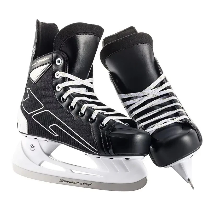 Black Leather Ice Hockey Knife Blades Skates Shoes Patines With Real Ice Blade Adult Children Size 28-47 Beginners
