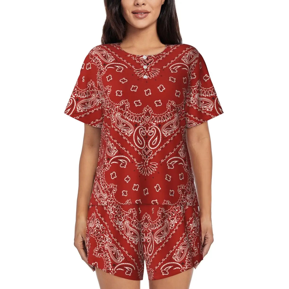 

Custom Printed Women Cool Red Bandana Paisley Style Pajamas Set Short Sleeve 2 Piece Sleepwear Pj Lounge Sets