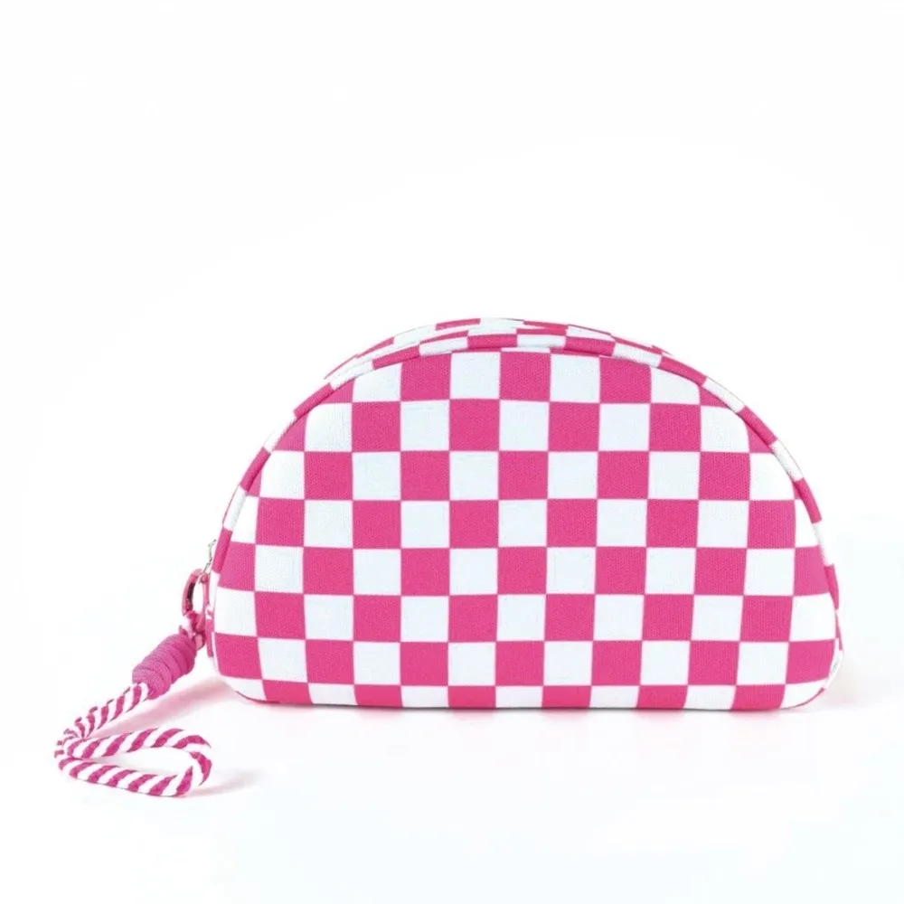 Waterproof Checkered Pattern Cosmetic Bag Polyester Zipper Closure Toiletry Bag Half Moon with Hand Strap Makeup Bag Girls