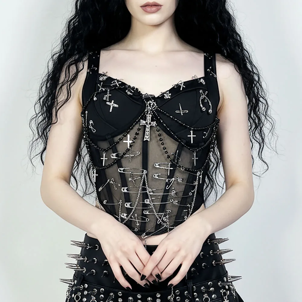 Women's Y2K Gothic Cross Crop Top Emo Grunge Punk Tank 200s 90s Style Sexy Goth ALT T-Shirt for Party Club Alternative Clothing