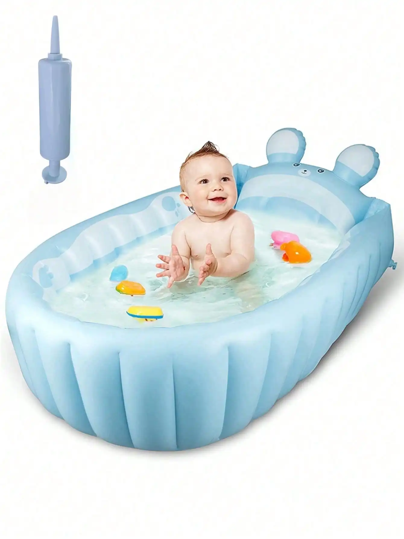 1 cute inflatable baby bathtub, foldable storage pool, cartoon animal children's bathtub with pump, blue pink