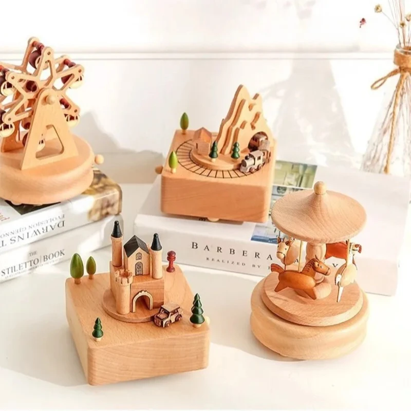 Elegant Wooden Music Box Carousel Rotating Birthday Gift for Girls Women Valentine Day Present Exquisite Handcrafted Design