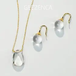 GEEZENCA 925 Sterling Silver 18K Gold Plated Natural White Crystal Jewelry Set With Drop-shapped Pendant Necklace And Earrings
