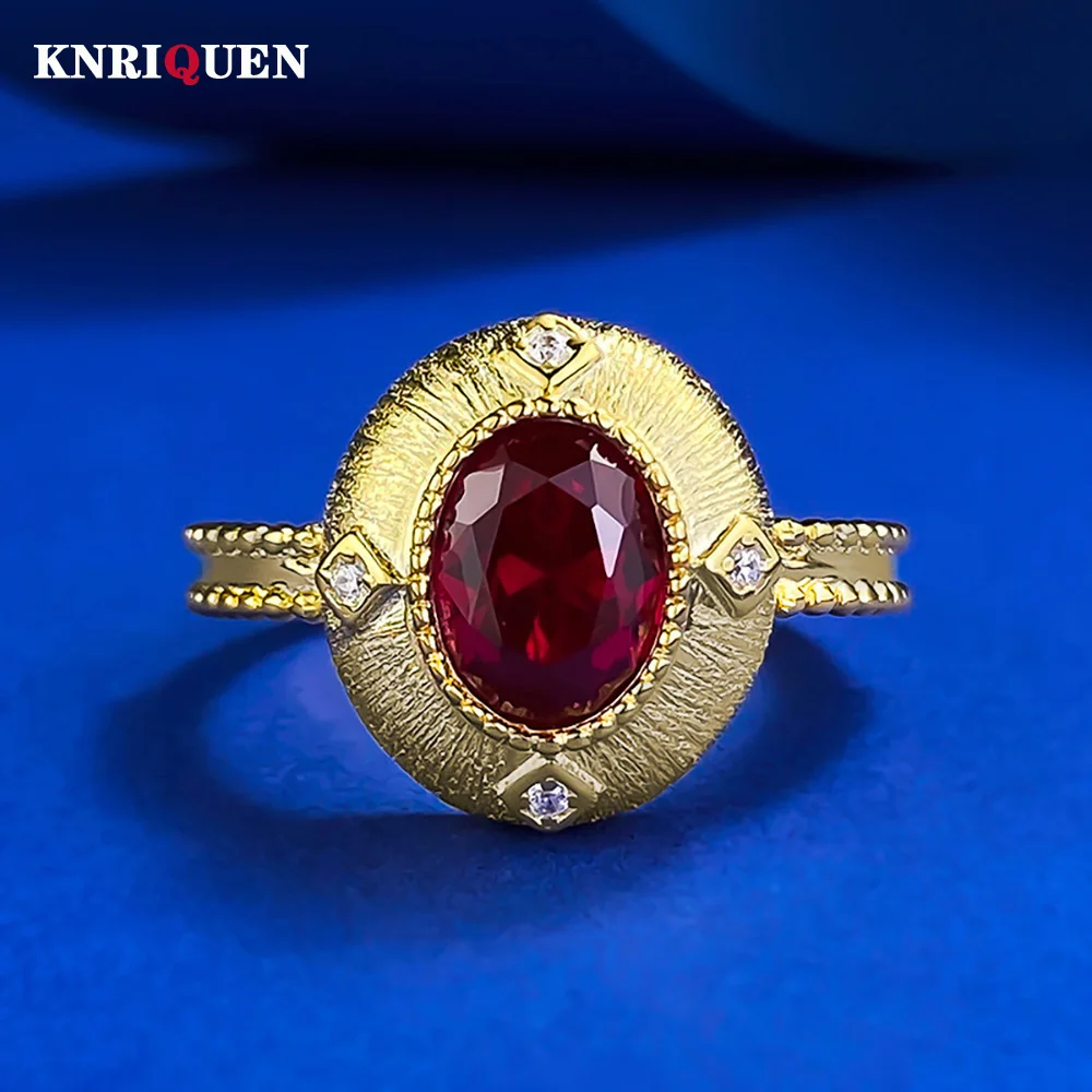 

Noble Retro 18k Gold Plated 925 Sterling Silver 7*9mm Ruby Ring for Women Lab Diamond Gemstone Party Fine Jewelry Birtyday Gift