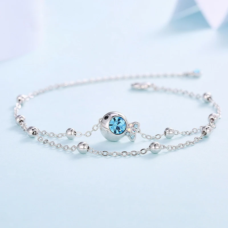 Nowa moda 925 Sterling Silver Blue Zircon Small Fish Pendant Double Layer Anklets Biżuteria damska Prezent Sexy Beach CZ Foot Chain