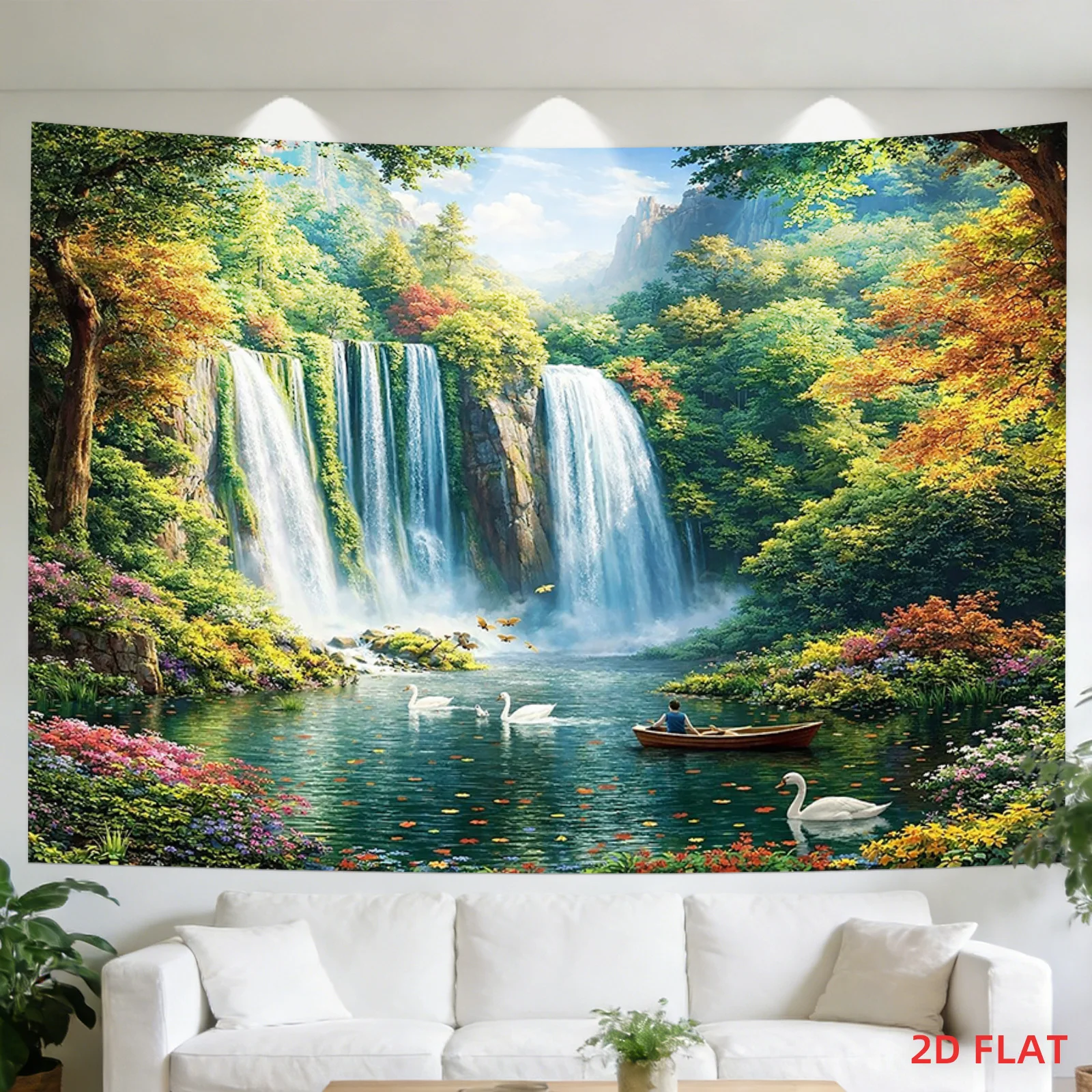 Fantasy Lake Waterfall Tapestry, Colorful Forest with Swans and Boat, Durable Wall Hanging for Home Background