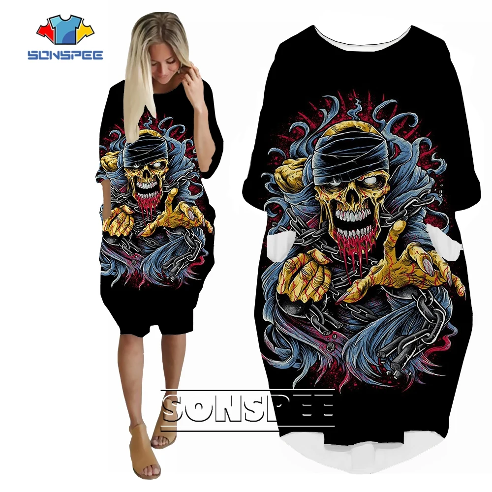 SONSPEE Latest Horror Style Pirate Skull Graphic Women's Dress 3D Print Bloody Skull Skirt Lady Casual Loose All-match Clothing