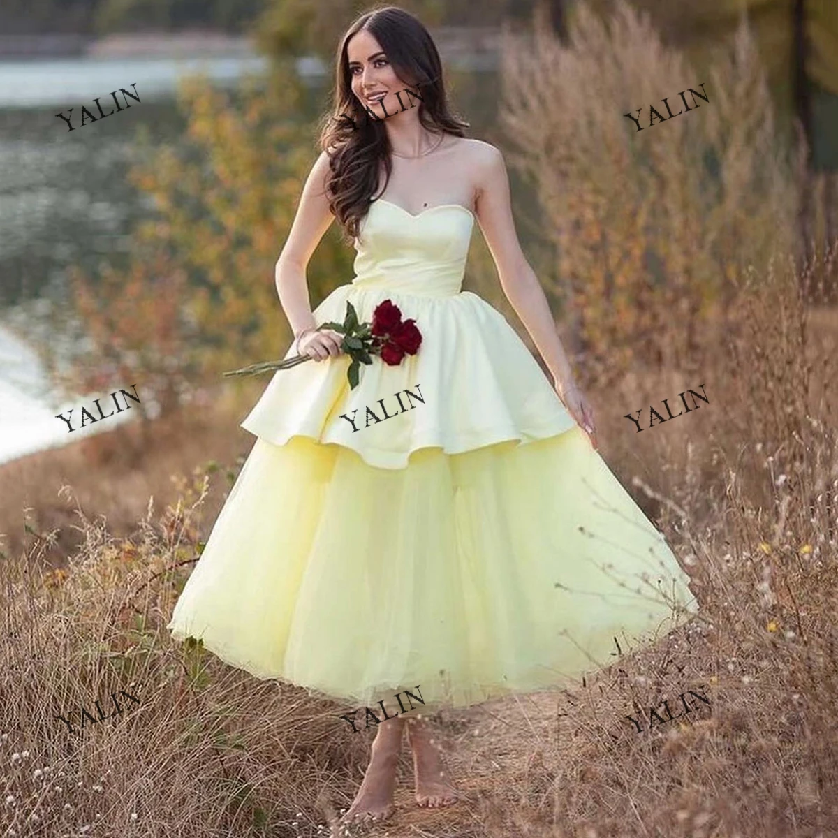 Customized Lemon Yellow A-Line Reunion Classmates Dresses Strapless Puffy Tulle Prom  Simple Tea-Length Special Occasion Gowns