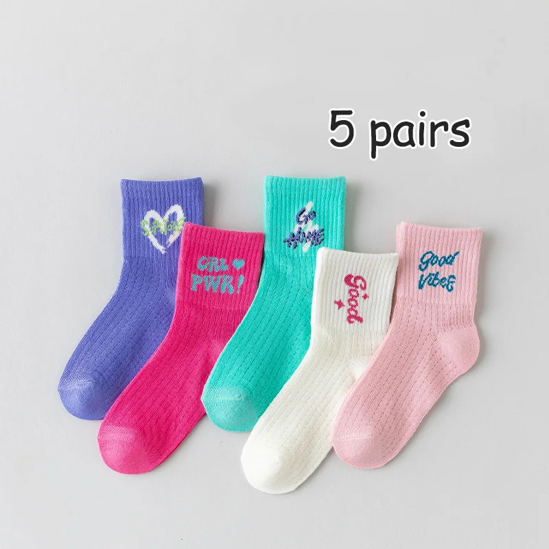 5 pairs of children\'s socks Girls spring and autumn thin mesh socks students mid-tube sports socks wicking sweat non-smelly feet