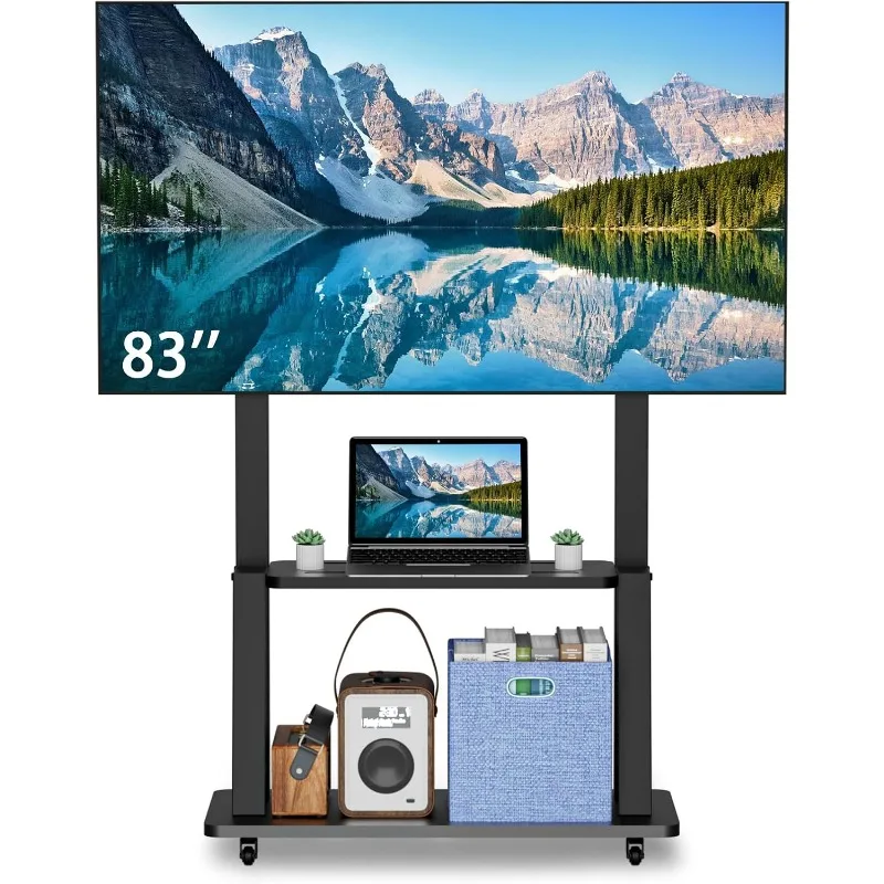 Soporte para TV con ruedas, soporte para TV portátil con ruedas para TV de 32 a 83 pulgadas, soporte para TV móvil con estantes, altura ajustable, se puede subir