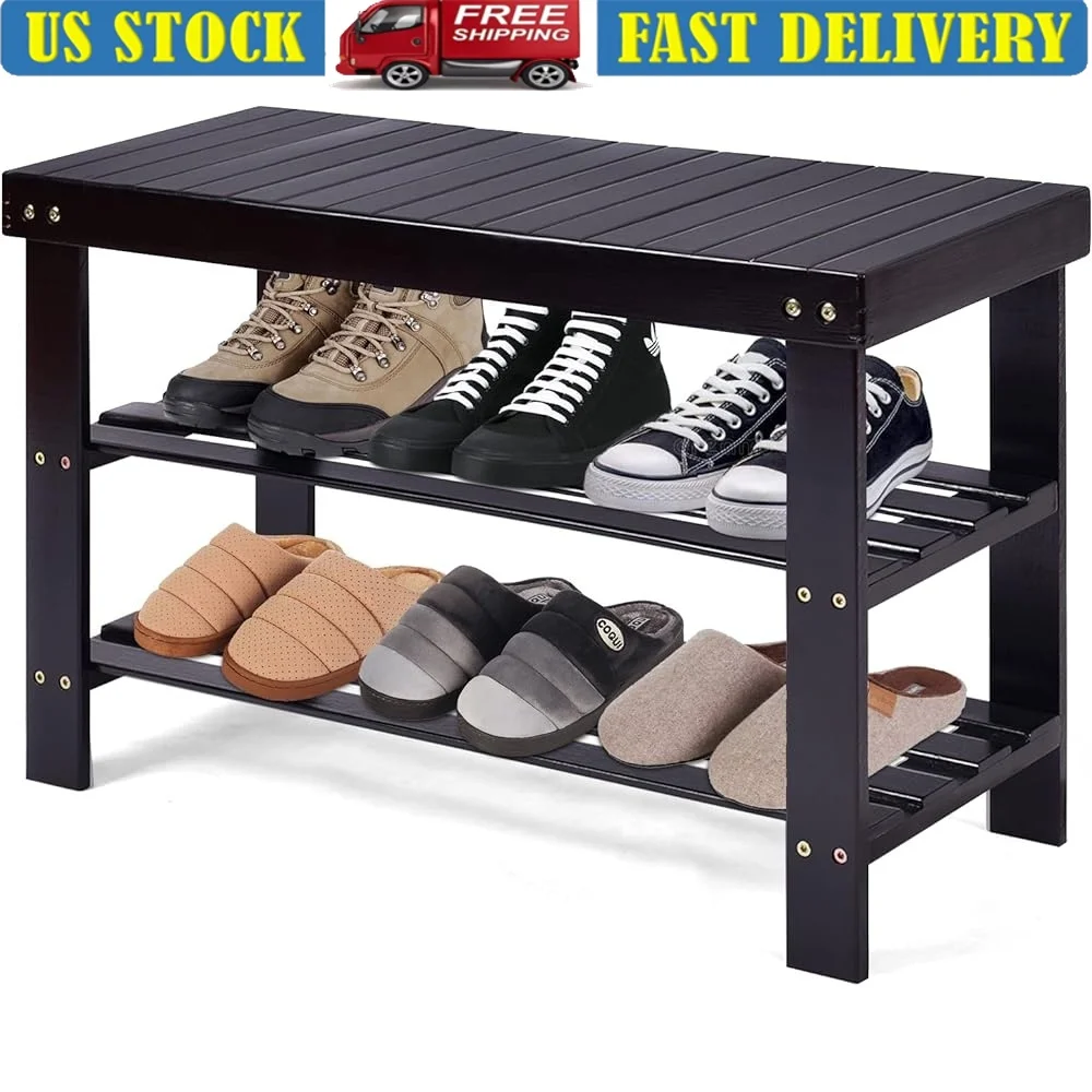 

Bamboo Shoe Rack Storage Organizer 3 Tier Bench Free Standing Entryway Hallway Shoes Shelf Wood Furniture
