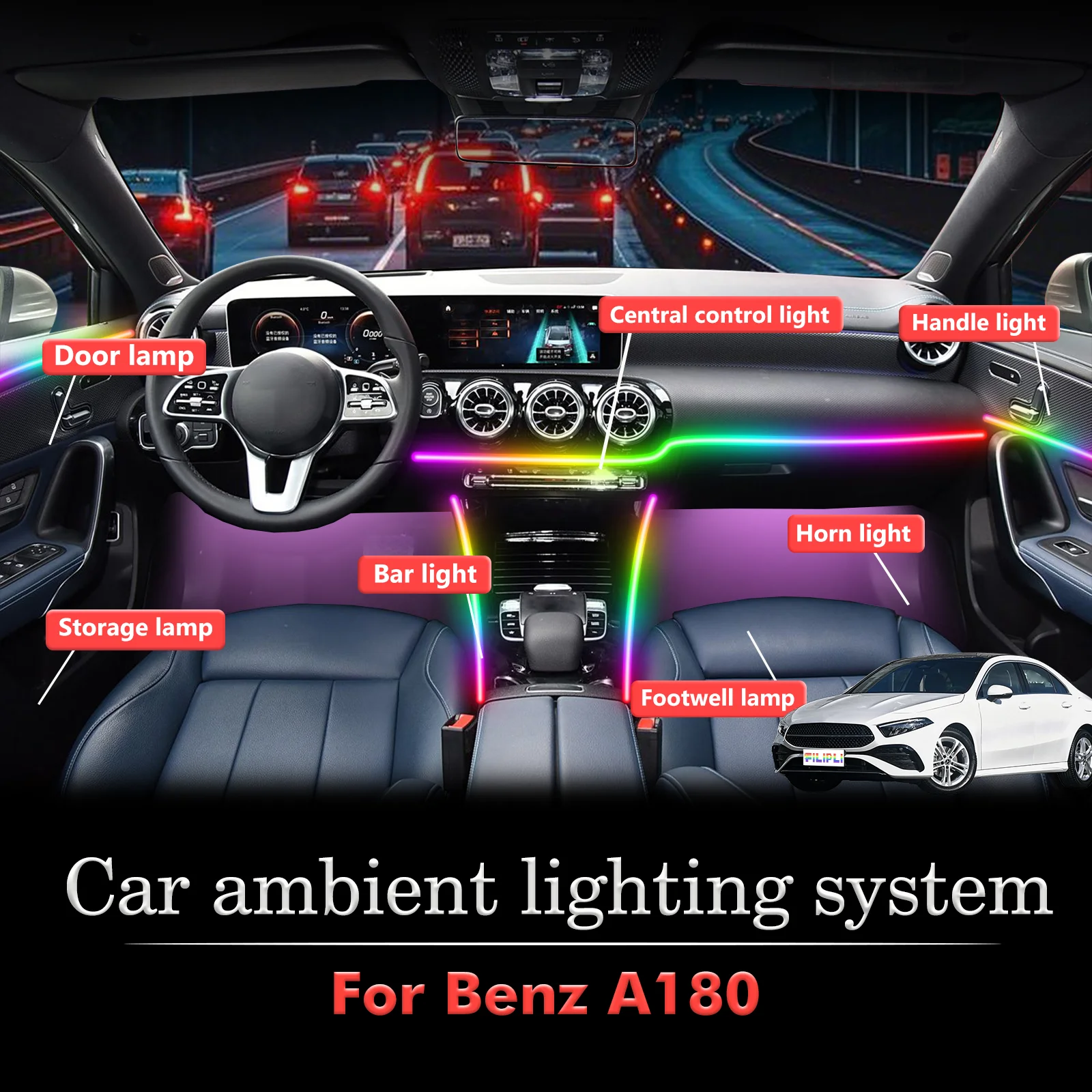

For BenZ A180 Car Interior Decorative Ambient Light RGB 64-Color LED Smart Remote Control Energy Saving Lamp Kit