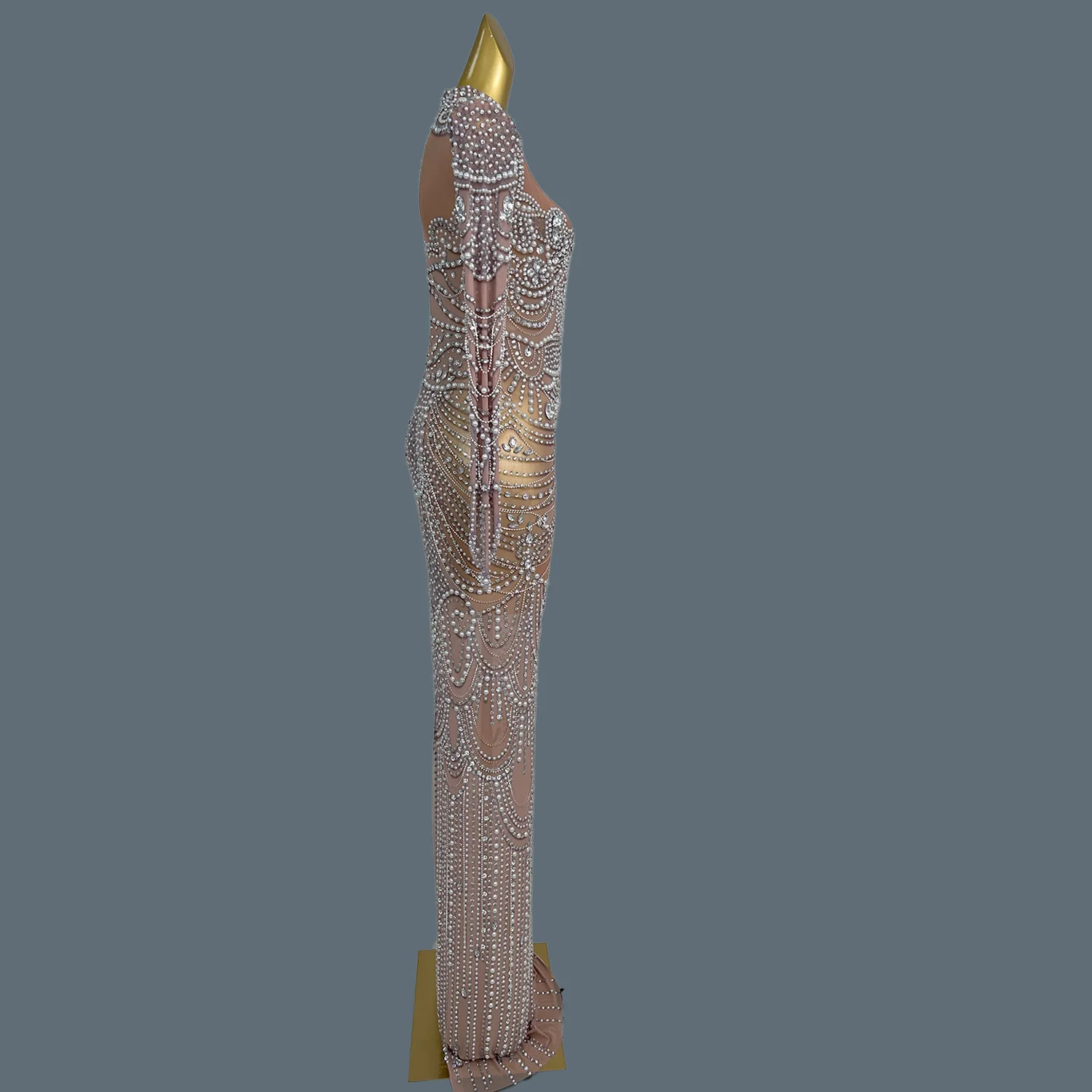 高級ウェディングドレスキラキラクリスタルハイエンド長袖イブニングドレスパーティーガラプロムレッドカーペットメッシュロングドレスNianlun