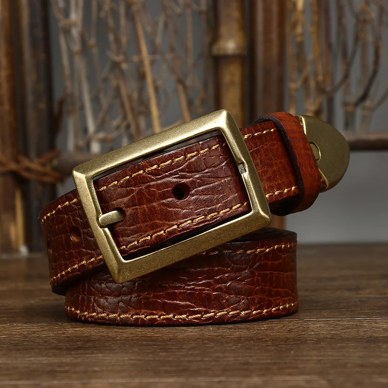 

3.3CM Thick Pure Cowhide Copper Buckle Genuine Leather Casual Jeans Belt for Men High Quality Retro Luxury Male Strap Cintos