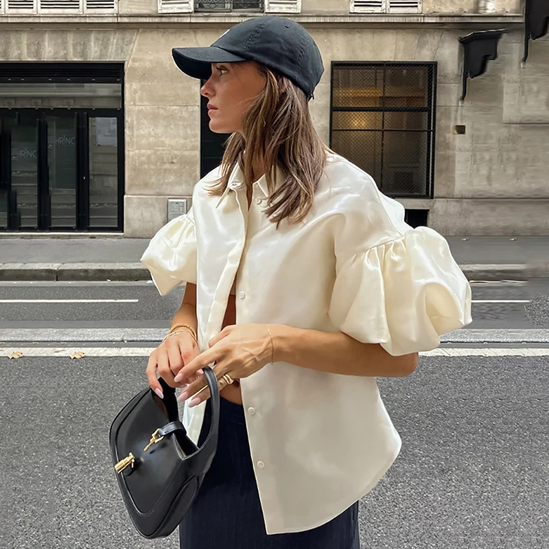 

Tornova Puff Sleeve Loose Shirt For Lady Lapel Short Sleeve Single Breasted Casual Cardigan Shirt Female Fashion Commuting Shirt