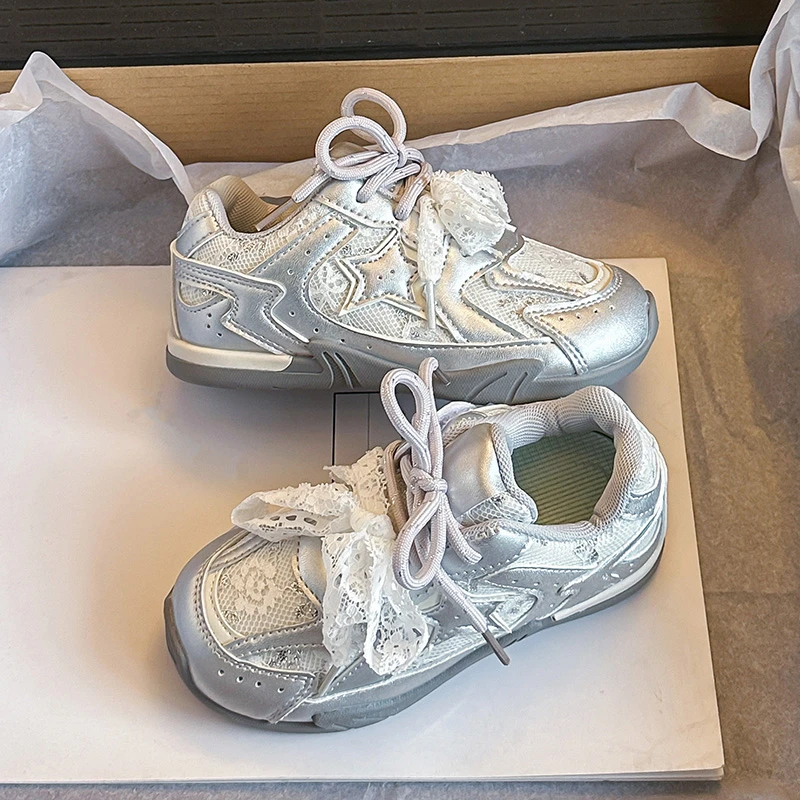 

Kids Lace & Star Sneakers with Delicate Lace Overlay, Metallic Upper, Breathable Design, Non-slip Rubber Sole Casual Shoes