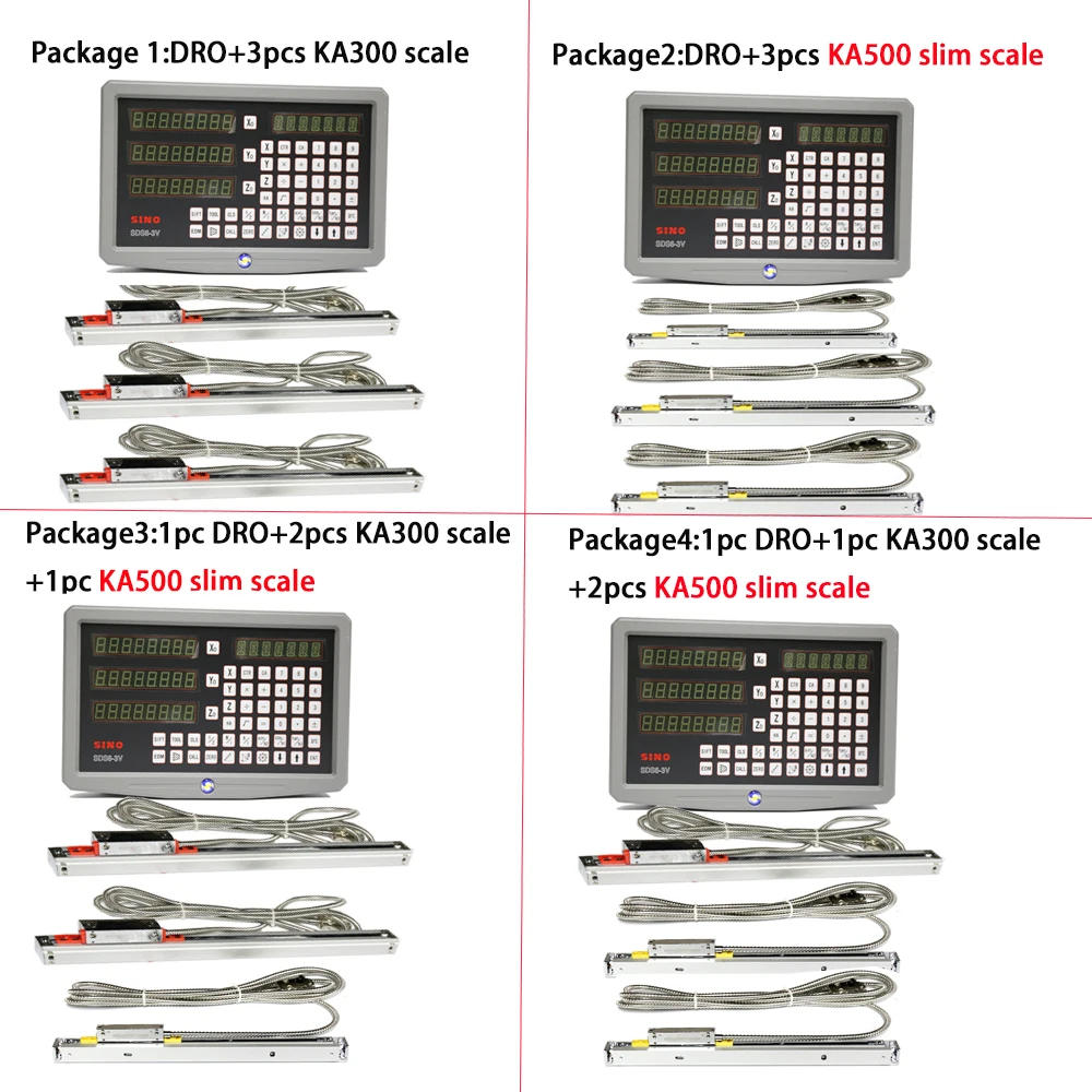 SINO 3 Axis Digital Readout DRO Kit SDS3MS and KA300 + Slim KA500 5um Ruler Linear Scale Optical Encoder Lathe Milling