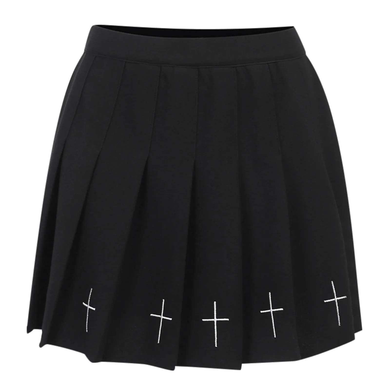 2025 Women Harajuku Sweet Fresh Feeling High Waist Pleated Skirt Elastic Waist Cross Embroidery Skirt Black Skirt Pleated Skirt