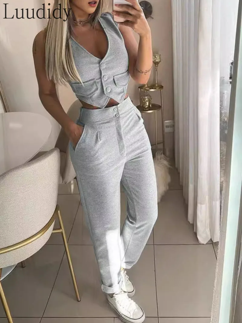 

Women Casual Solid Color Sleeveless V Neck Button Front Vest Top Ans High Waist Pockets Decor Pants 2pcs Set