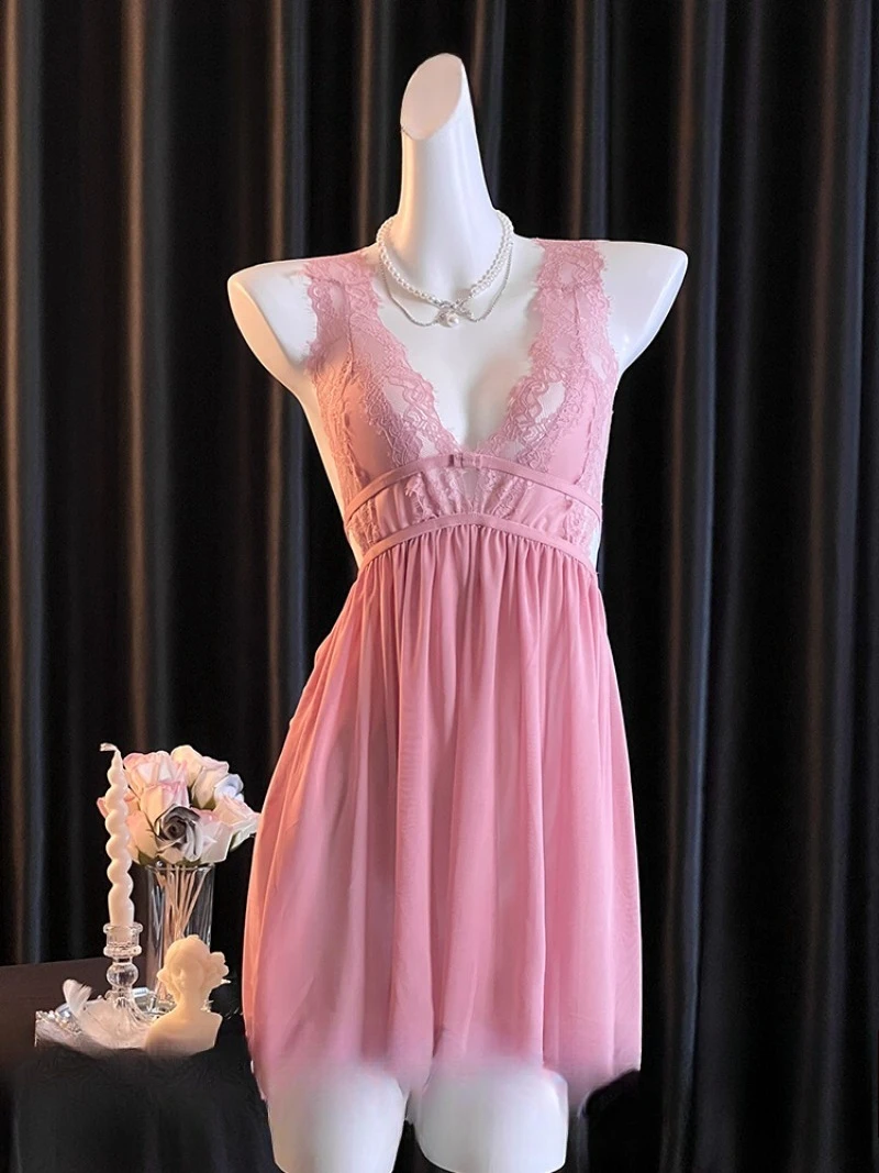 

Сексуальные пижамы с глубоким V-образным вырезом и кружевной сеткой, прозрачный стиль Pure Desire, короткая юбка, частная романтика, соблазнительное сказочное платье для сна, интимные ночи