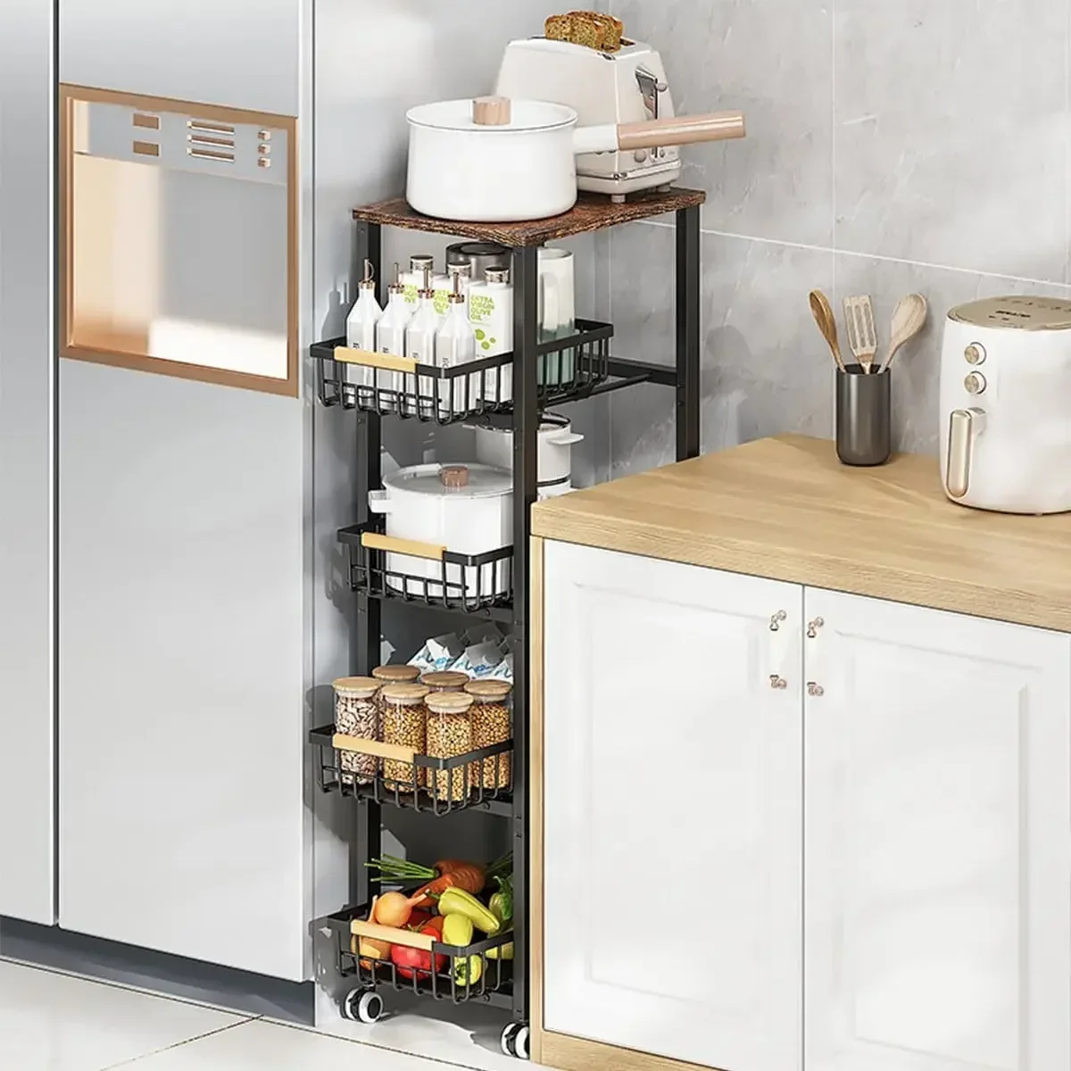 

5 Tier Metal Storage Shelving Unit with Wheels Kitchen Rolling Utility Cart with Drawers Multifunction Basket Storage A