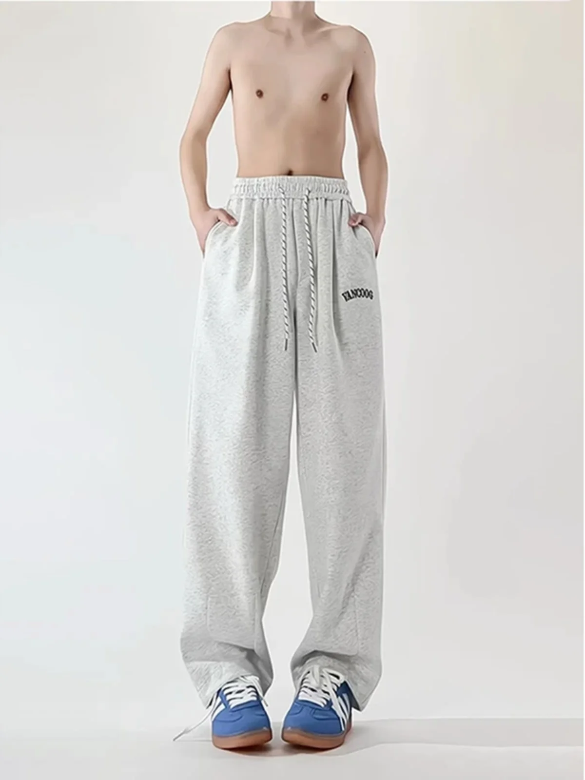 

Мужские повседневные брюки с широкими штанинами и вышивкой белыми цветами, весенне-осенние, свободного кроя, прямые, комфортные